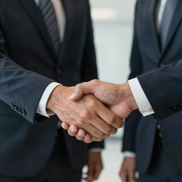 A close-up of a professional handshake between two business people in a South American corporate setting, natural lighting.