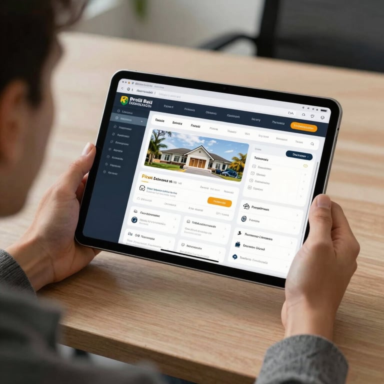 A modern tablet displaying a professional dashboard with property management data, held by a person in a Brazilian office.