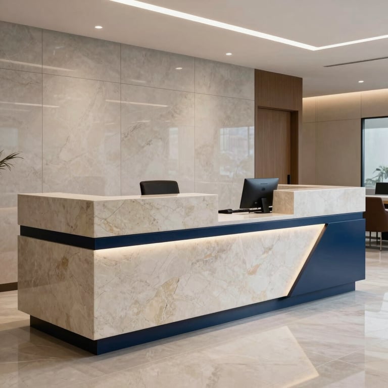 A sleek reception desk in a South American business center, minimalist design with polished stone and navy blue accents.
