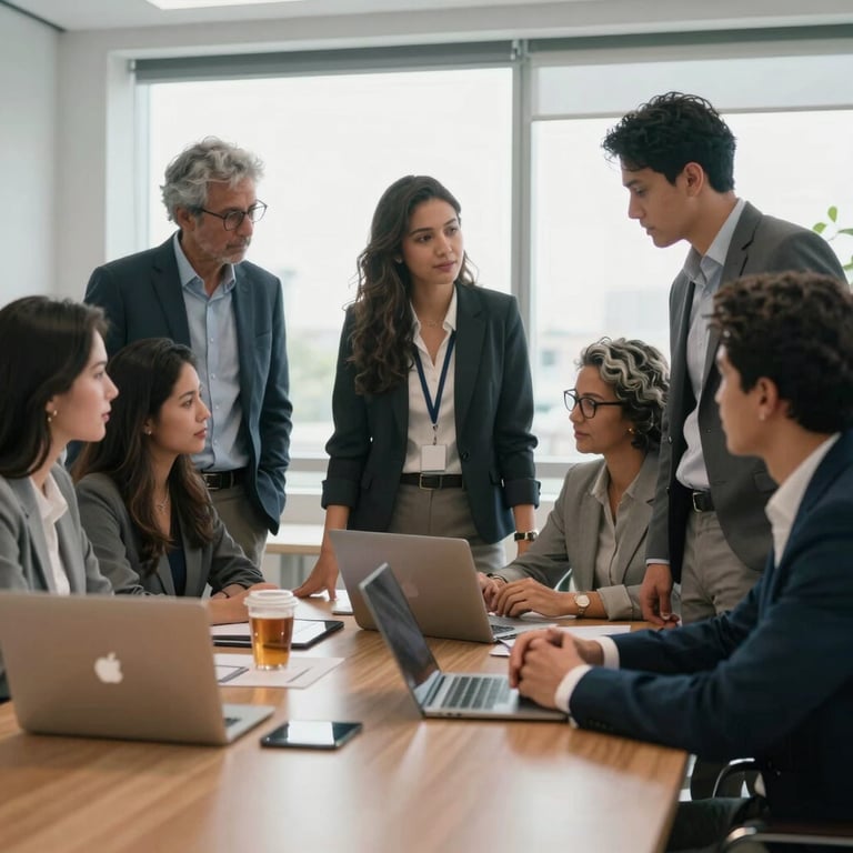 A group of Brazilian professionals in business attire collaborating around a table in a bright, modern office lounge.
