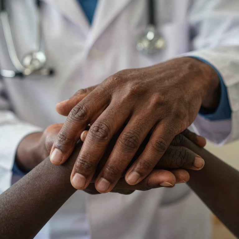 Close-up of a healthcare worker's hand holding a child's hand, representing trust and compassion in an East African / Ethiopian setting.