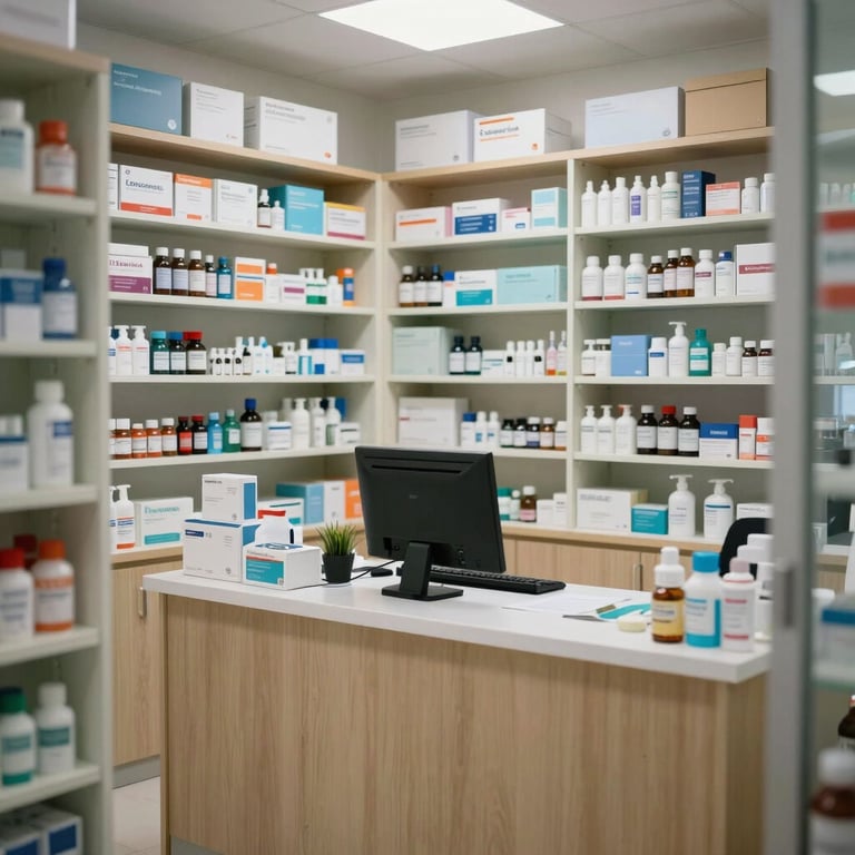 A modern, well-stocked medical pharmacy inside a local Ethiopian clinic, organized and professional.