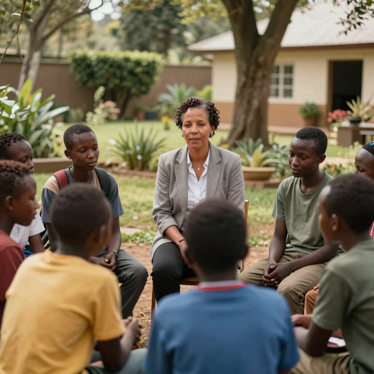 A counselor sitting in a supportive circle with teenagers for a mental health session in a peaceful outdoor East African / Ethiopian garden.