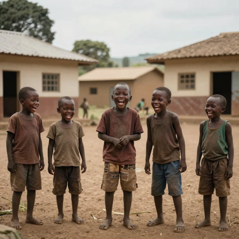 A group of healthy children laughing and playing in a safe, landscaped community center in East Africa / Ethiopia.