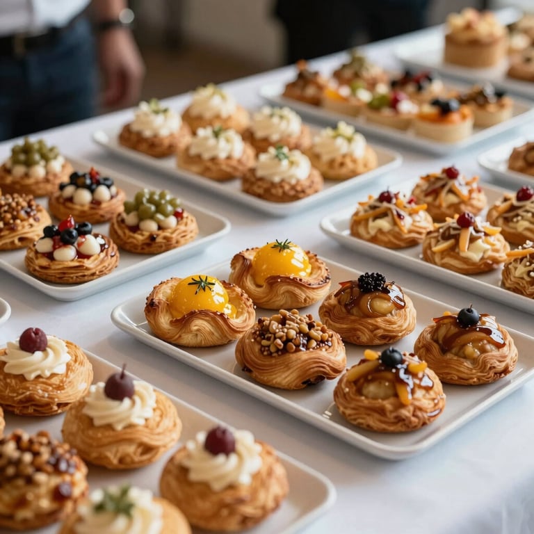 Trays of artisanal pastries and savory bites prepared for a professional catering event, clean and elegant composition.