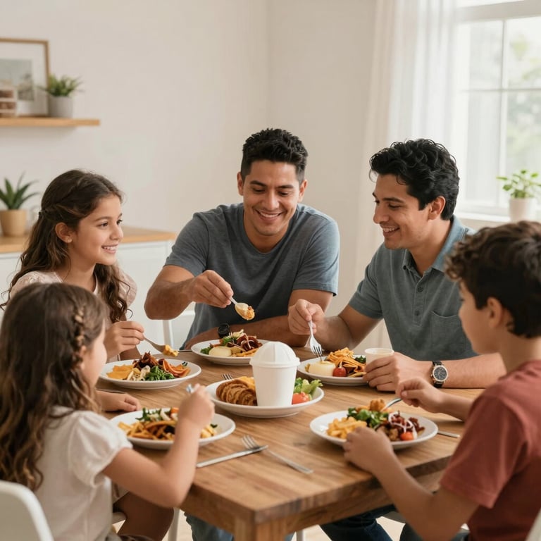 A modern Latinoamericano family enjoying high-quality take-away food in a bright, warm dining room.