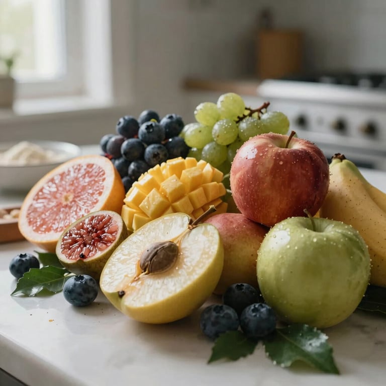 An artistic shot of fresh seasonal fruits and artisanal ingredients used in Flufkit kitchens, soft natural light.