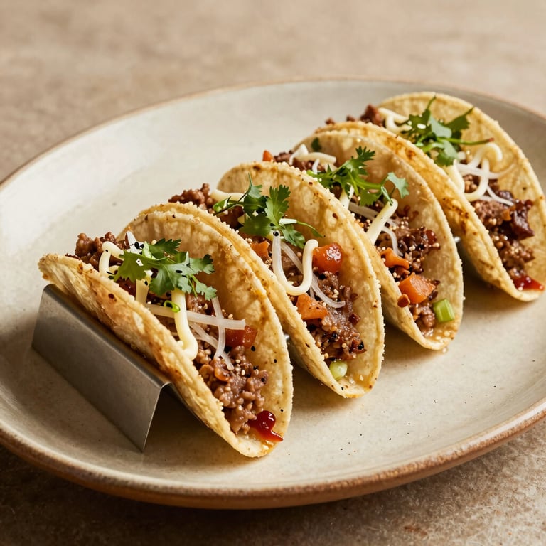 A selection of gourmet mini-tacos arranged on a rustic beige ceramic platter, warm lighting.