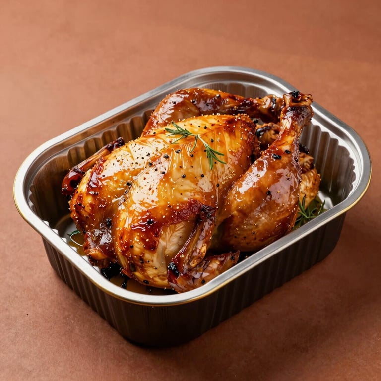 Gourmet roasted chicken with herbs presented in a premium takeaway container on a terracotta surface.