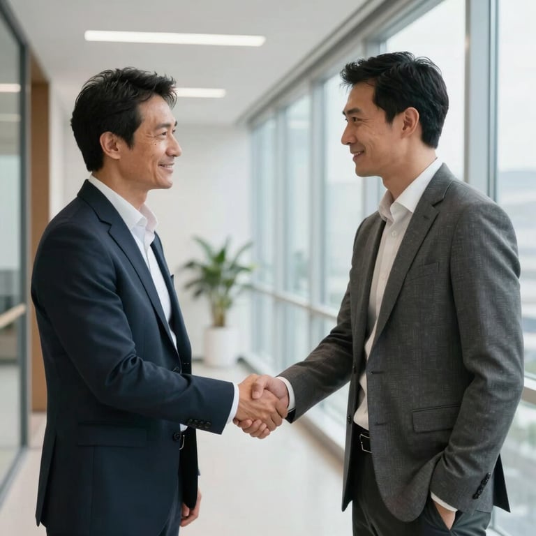 Two men in professional smart-casual clothing shaking hands in a bright, contemporary office hallway with large windows and a clean aesthetic.