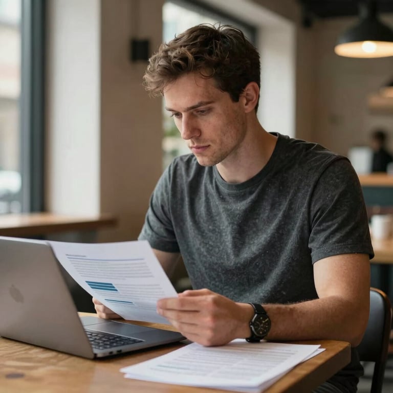 A professional man in a dark slate gray t-shirt sitting at a sleek laptop in a modern British cafe, reviewing marketing strategy documents with a focused expression.