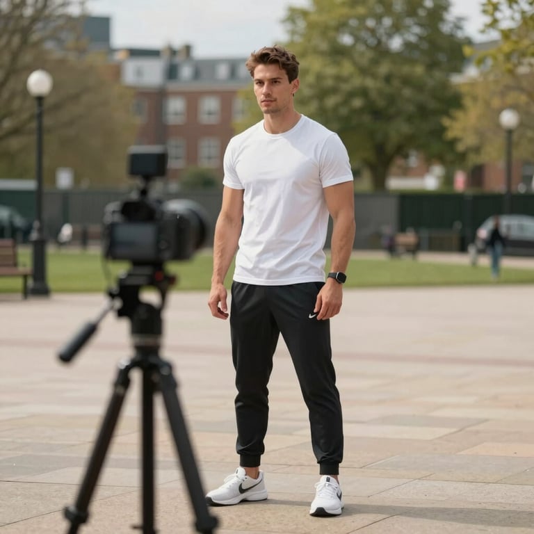 A male fitness influencer in a clean white t-shirt and long athletic trousers filming a vlog in a minimalist urban park in England. The lighting is natural and bright.