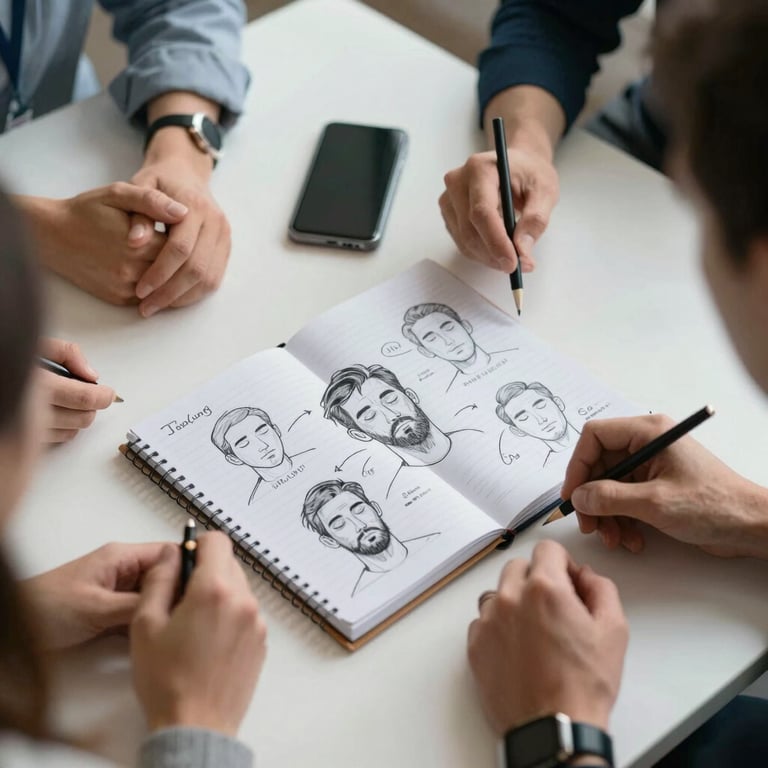 Top-down view of a strategic planning session on a white desk featuring a sketchbook with male self-care concepts and a smartphone. Professional and organized.