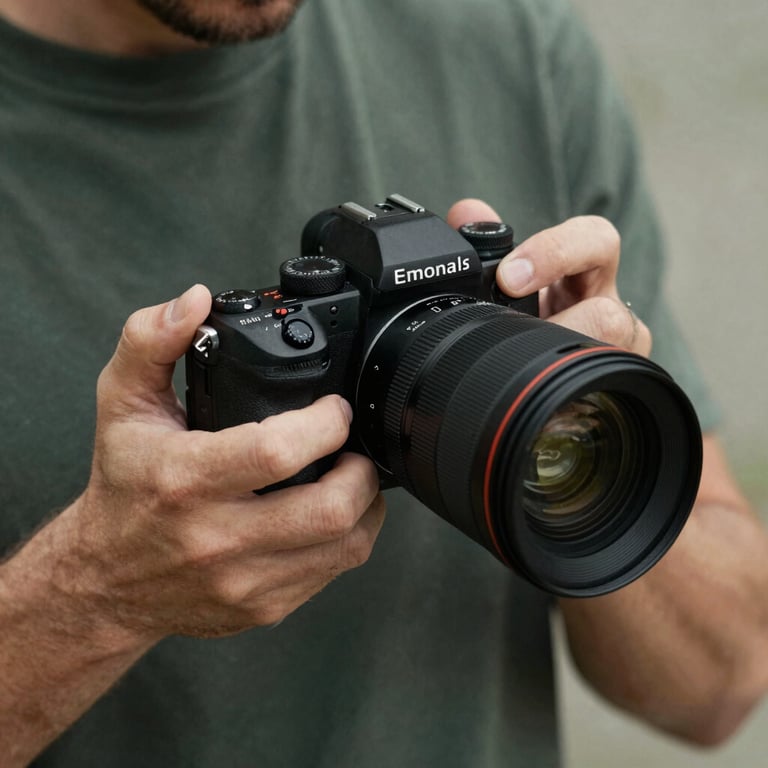 Close-up of a professional male influencer's hands in a studio, adjusting a premium camera lens. The palette is dominated by dark charcoal and muted sage green.