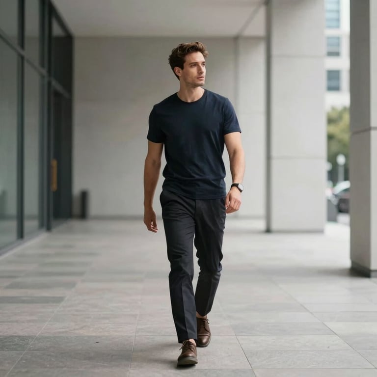A man in smart-casual attire, including a dark t-shirt and trousers, walking through a minimalist modern architectural space in a North American city.
