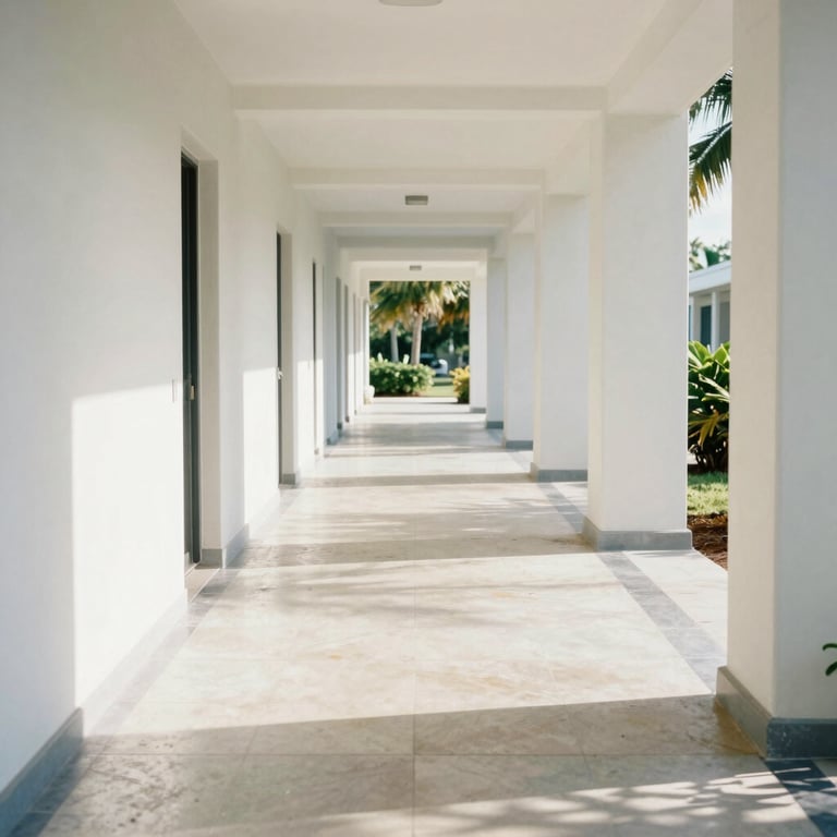 A bright Florida sunlit hallway with perfectly vacuumed floors and dust-free surfaces.