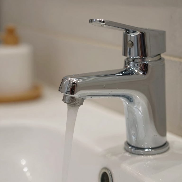 A macro shot of a shiny, clean water faucet reflecting a pristine, light-filled bathroom environment.