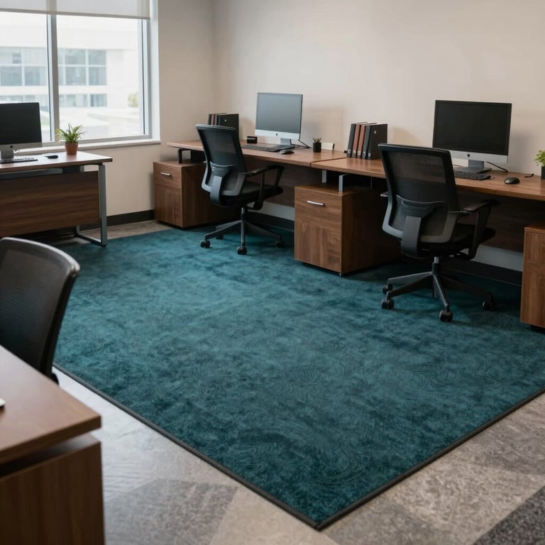 A professional office space with organized desks and a clean, deep charcoal teal rug in Bradenton.