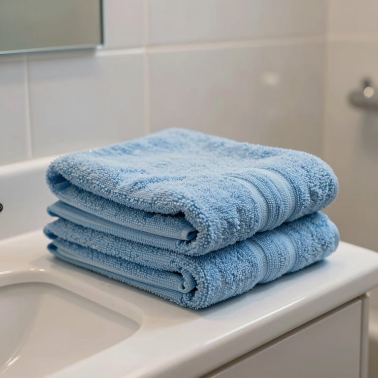 A well-maintained bathroom with gleaming tiles and soft sky blue towels neatly folded.
