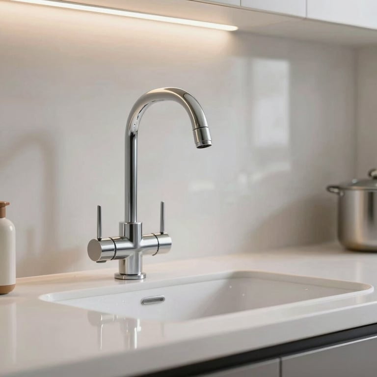 A sparkling kitchen with misty off-white countertops and shiny fixtures, radiating cleanliness.