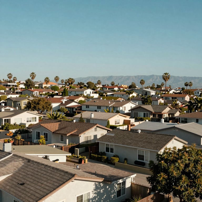 A wide shot of residential rooftops in Kingsburg, CA under a clear sky, showing the community we serve.