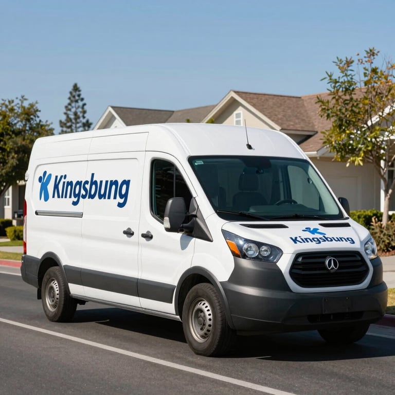 A branded service van driving through a sunny North American / US suburban street in Kingsburg, CA.