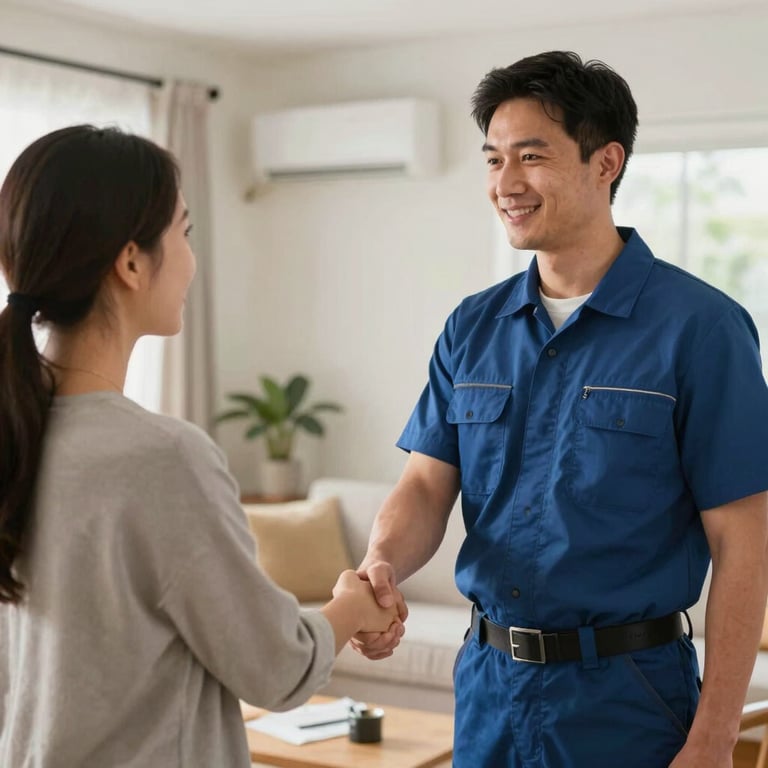 A professional HVAC specialist shaking hands with a satisfied customer in a bright North American / US living room.