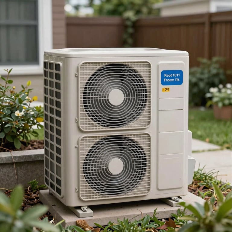An outdoor air conditioning unit installed neatly in a well-maintained North American / US backyard garden.