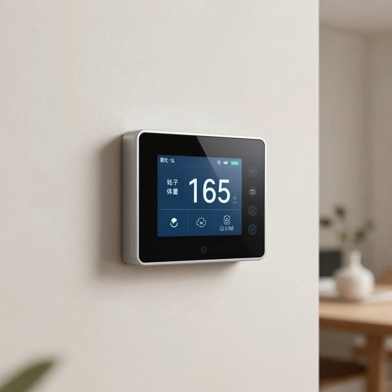 A sleek, modern smart thermostat mounted on a clean soft off-white wall in a contemporary home.