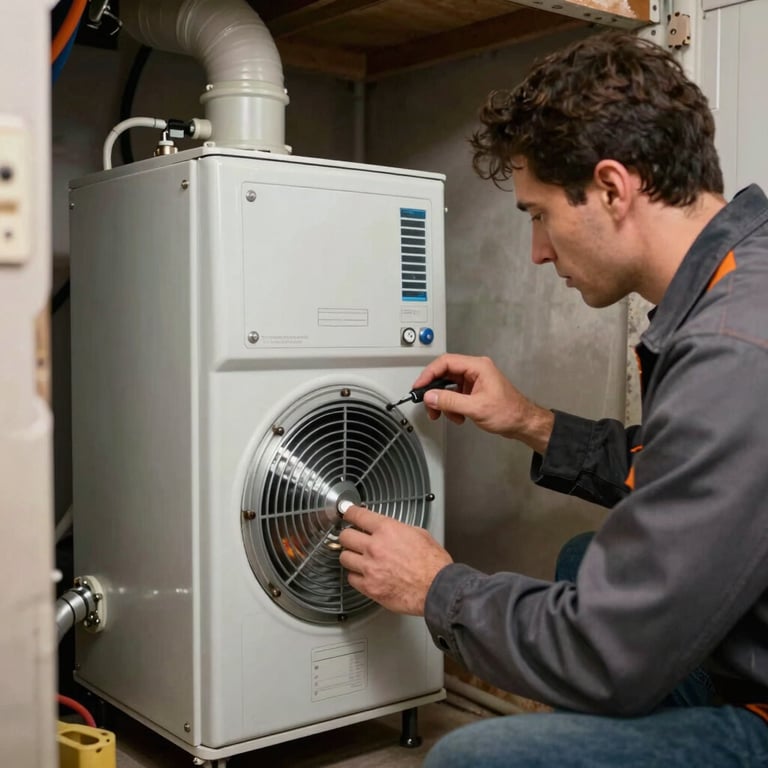 A focused technician inspecting a modern high-efficiency furnace in a North American / US basement.