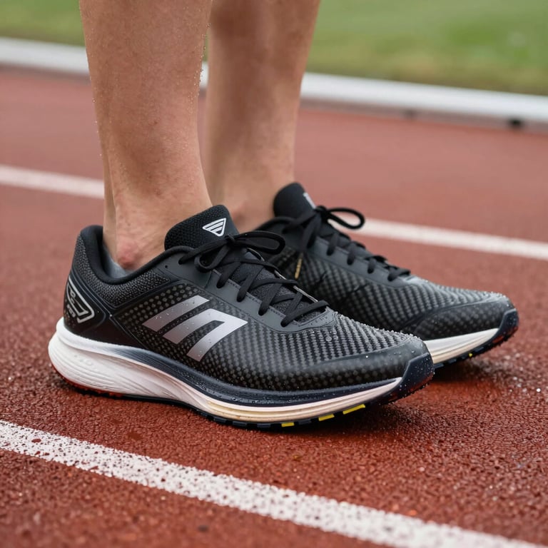 Close-up of a pair of carbon-plated running shoes on a professional athletic track in Central Europe, morning dew, focused and crisp.