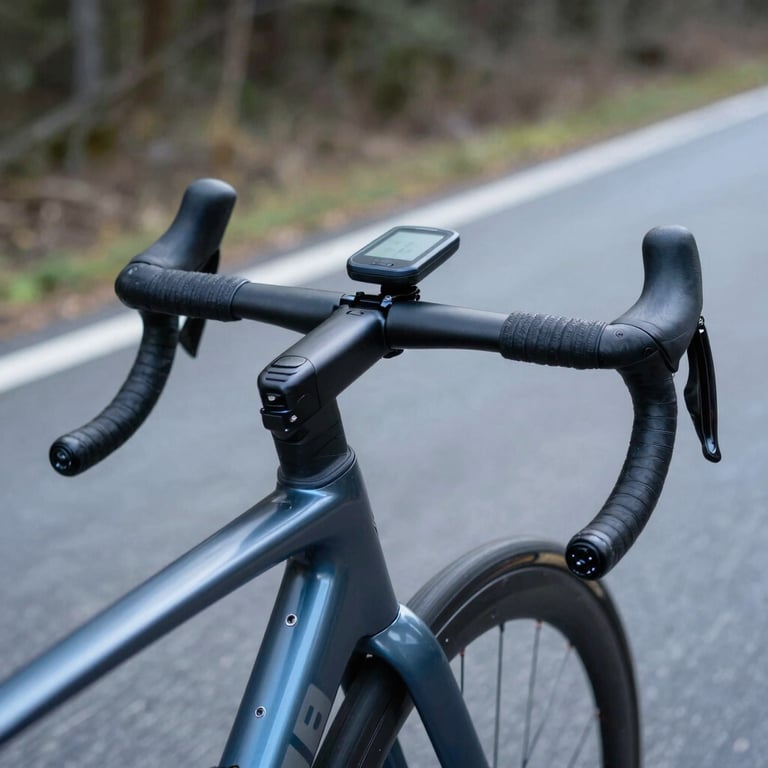 Photography of high-performance road bike handlebars and a GPS computer, set against a blurred background of a German forest road, steel blue tones.