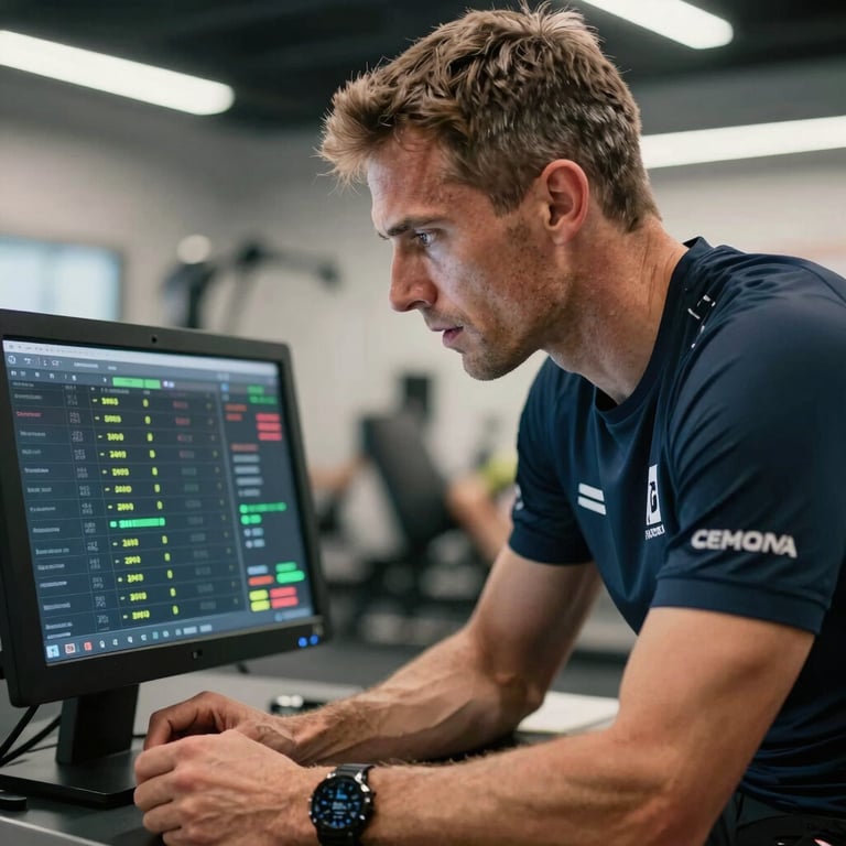 A close-up of a professional triathlete coach in Central European athletic attire reviewing performance data on a digital screen, professional indoor setting, motivating light.