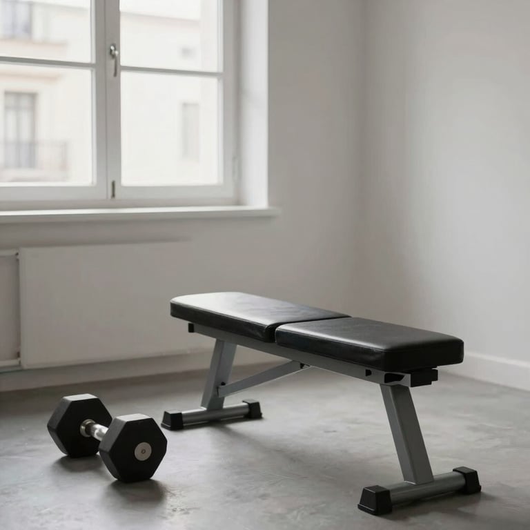 Photography of a clean, minimalist home gym setup featuring dumbbells and a bench, with soft light filtering through a window in a European apartment.