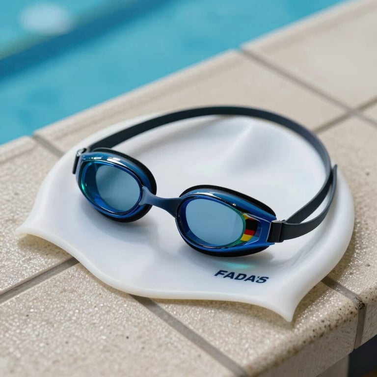 Detail shot of professional swimming goggles and a swim cap on a tiled bench at a German sports pool, soft lighting, calm atmosphere.