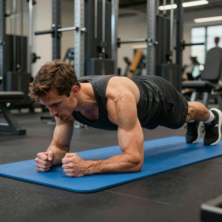 An athlete performing a plank on a blue mat, focusing on core stability, professional fitness environment in a German city.