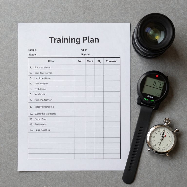 A flat-lay photograph of a training plan, a heart rate monitor, and a stopwatch on a grey surface, professional and organized mood.
