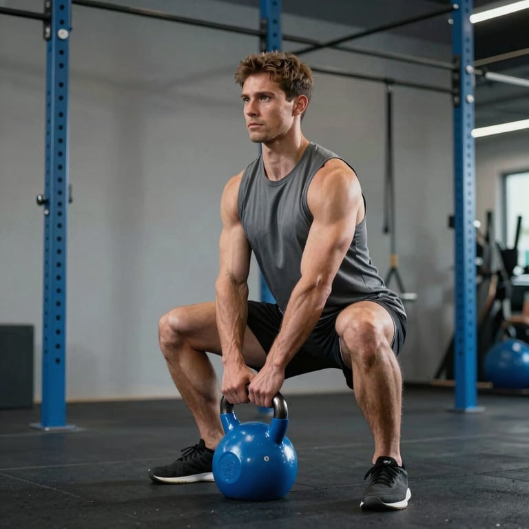 A focused athlete performing a goblet squat with a kettlebell in a clean, modern gym facility in Central Europe, azure grey and steel blue accents.