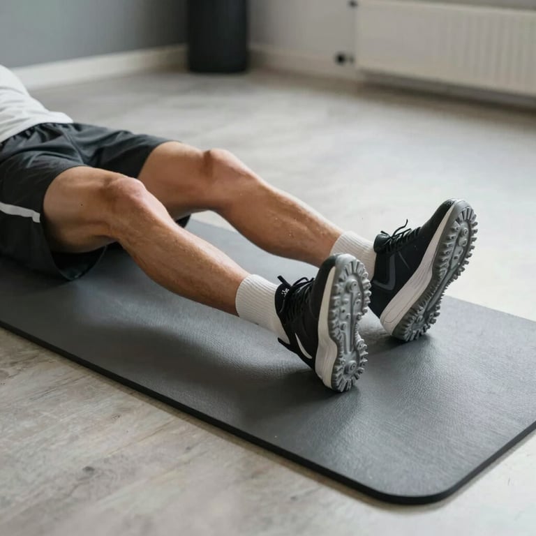 A person in athletic wear foam rolling their legs on a high-quality mat in a bright, professional training room, Central European style.