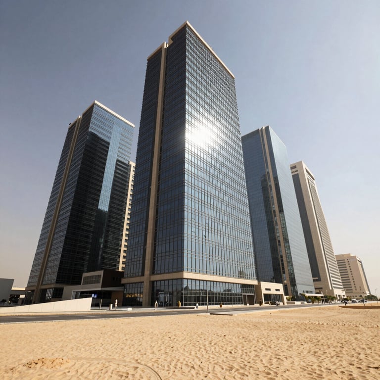 Wide-angle architectural photograph of a modern glass and steel skyscraper exterior in Riyadh under high-contrast desert sunlight, clean geometric lines, professional composition.
