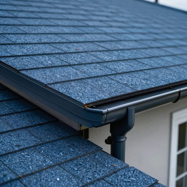 Detail photography of expert flashing and gutter installation on a Stormy Blue shingle roof.