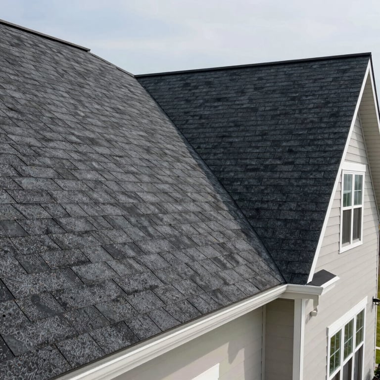 A low-angle photo of a completed roofing project with Deep Slate asphalt shingles on a suburban North American house.