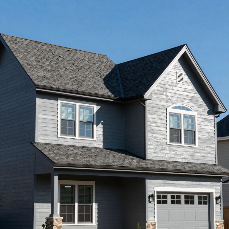 Wide shot of a modern two-story home with newly restored roofing and Sky Gray siding under a clear blue sky.