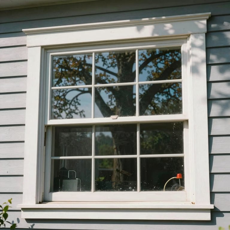 A residential window being cleaned in Haile Plantation, showing bright sunlight and a clean reflection of North American oak trees.