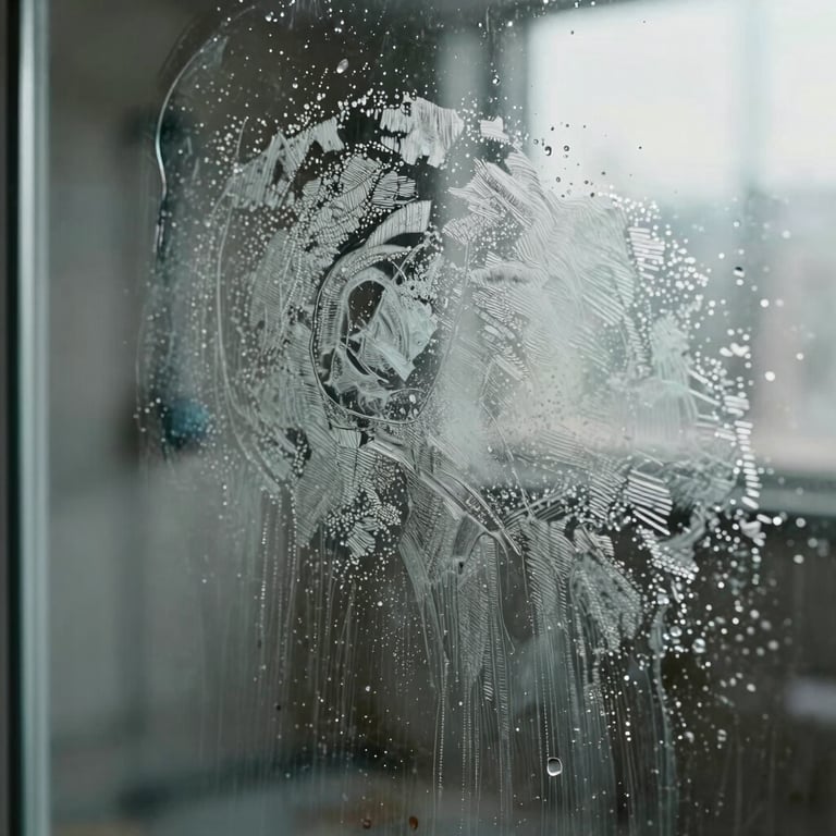 A high-contrast photo showing the removal of hard water stains from glass, with the clean side looking completely invisible.