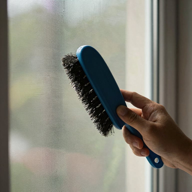 A detail shot of a window screen being meticulously scrubbed clean with a soft brush, outdoor natural lighting.