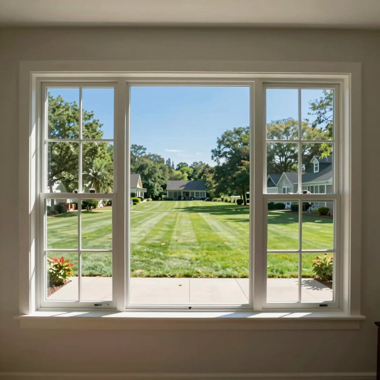 The interior view of a spotless living room window in Jonesville, looking out onto a perfectly manicured lawn and clear blue sky.