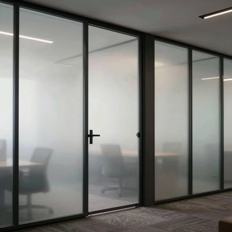 A series of minimalist glass partition doors in a modern corporate workspace.