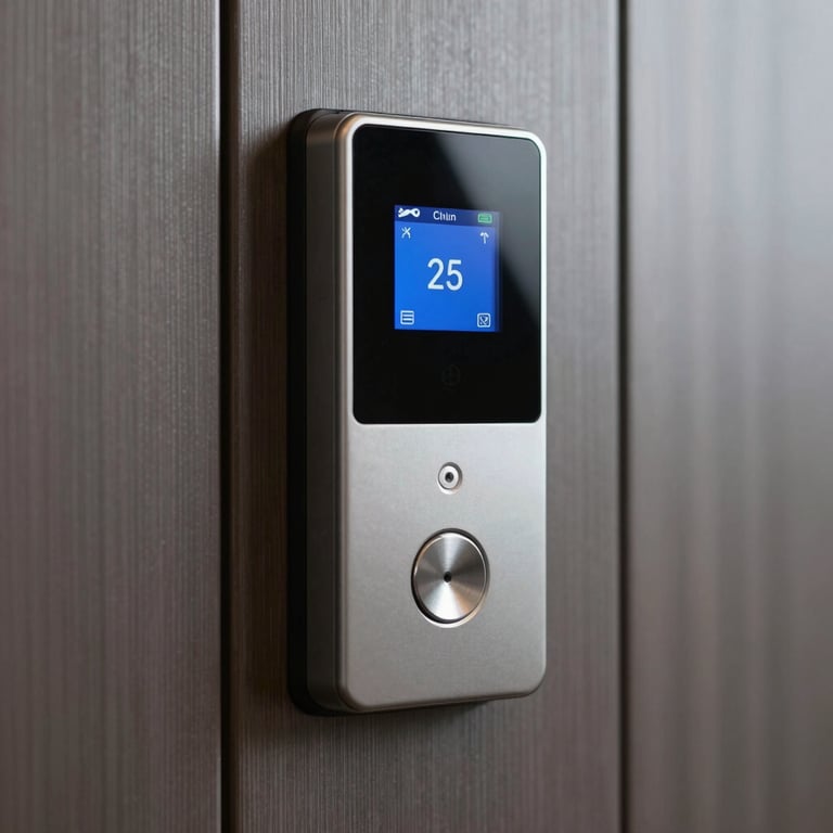 Close-up of a smart electronic access control system on a modern brushed-metal door.