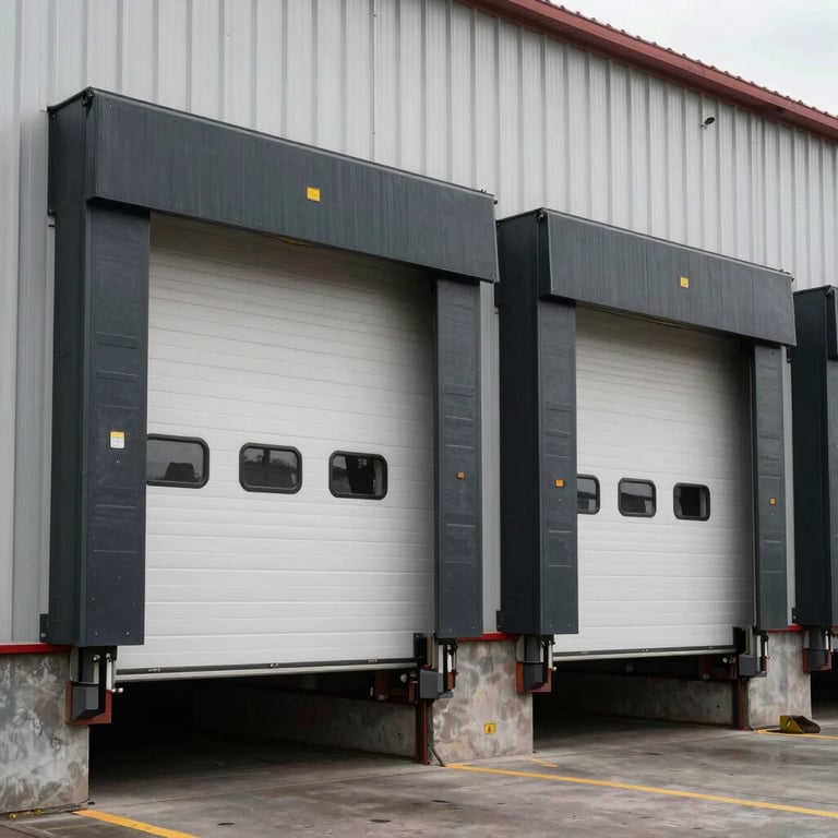 Large-scale commercial loading bay doors with high-performance steel frames.